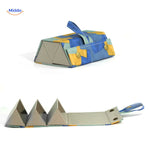 Blue geometric 3-slot foldable travel eyeglasses case open showing padded compartments.