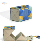 Blue geometric 4-slot luxury foldable eyeglasses holder displayed with all compartments open.