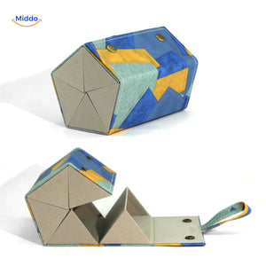 Blue geometric 5-slot compact foldable eyeglasses case open showing five protective slots.