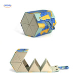 Blue geometric 6-slot multi-compartment foldable eyeglasses storage case fully unfolded.