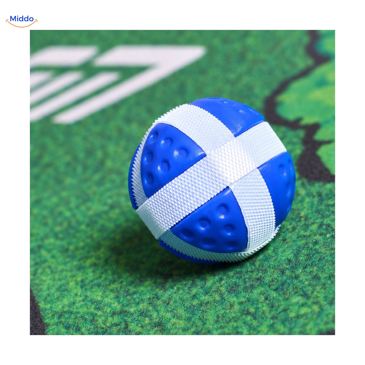 Blue GolfMaster hook-and-loop practice ball on the target