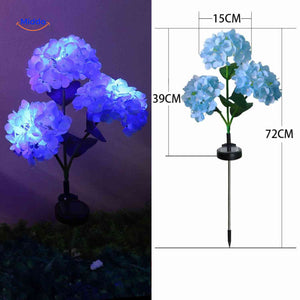 Blue hydrangea solar lantern with 72cm height dimensions for garden placement.
