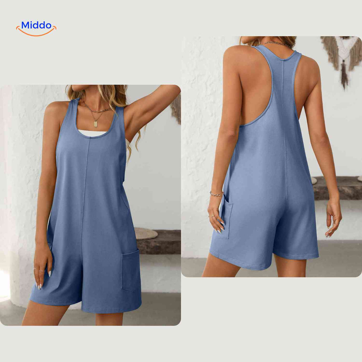 Blue breathable jumpsuit with racerback strap from front and back.