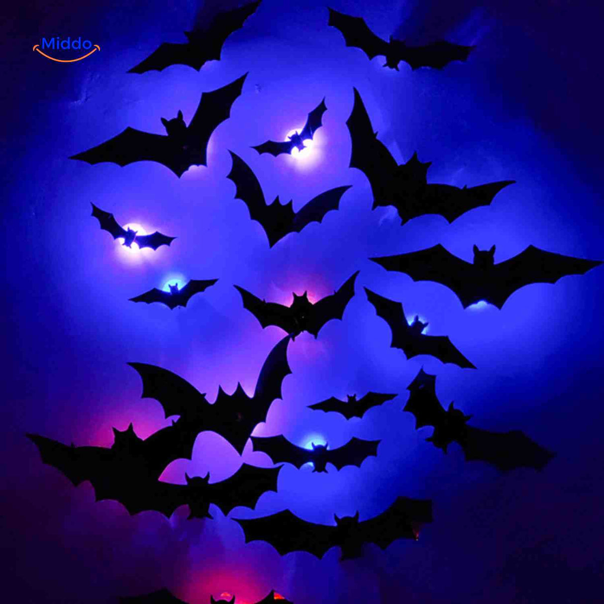 Blue LED bat light creating atmospheric Halloween decoration.