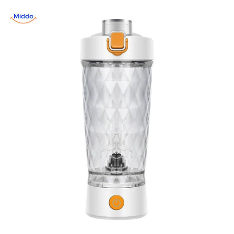 Blue electric shaker with crystal-clear cup body for visibility.