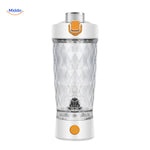 Blue electric shaker with crystal-clear cup body for visibility.