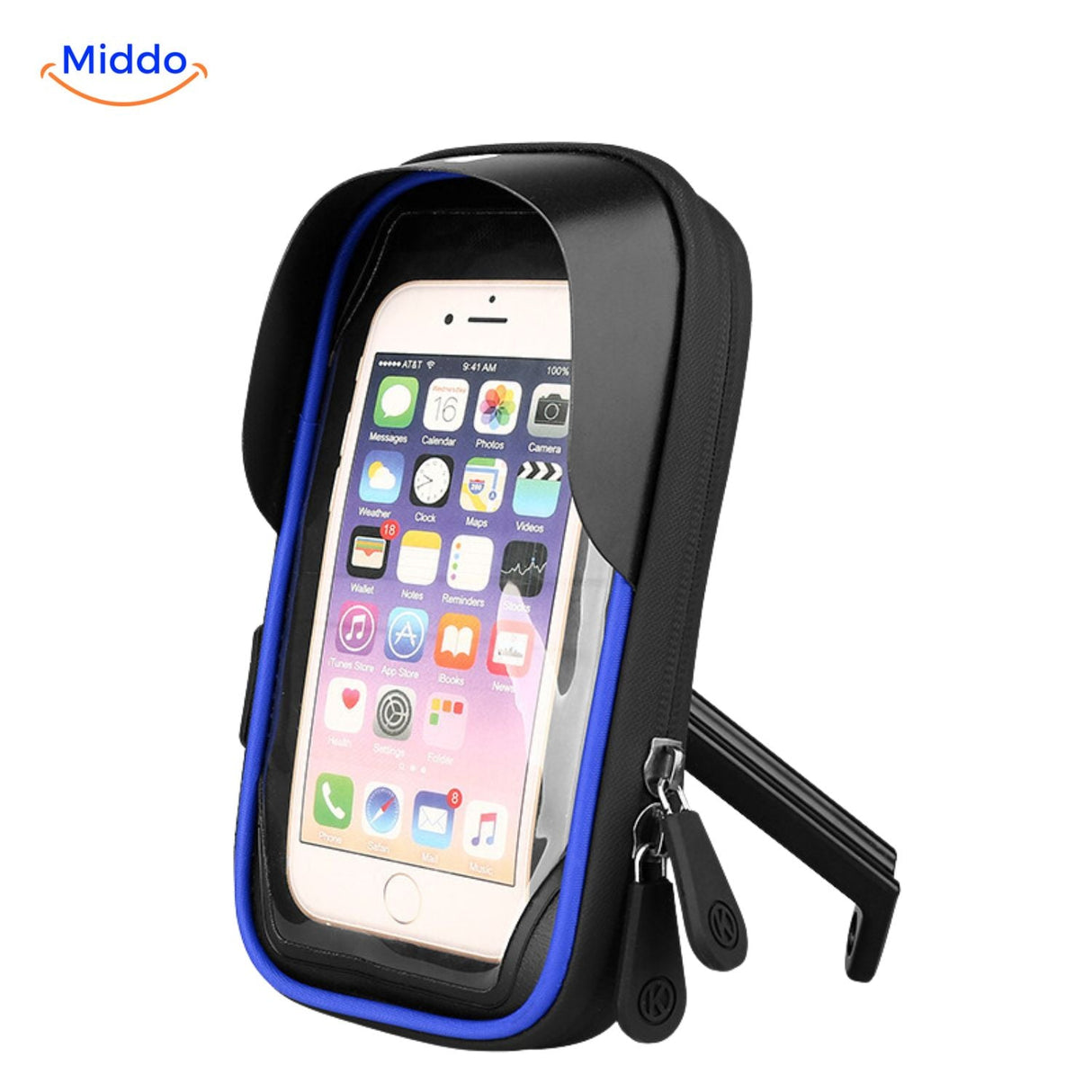 Blue motorcycle phone holder with built-in adjustable stand and weather protection.