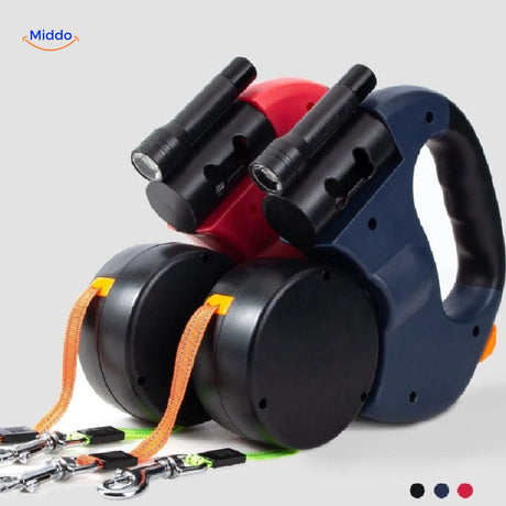 Blue and red dual retractable dog leashes for walking multiple dogs.