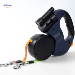 Blue retractable dual dog leash with secure attachment system.