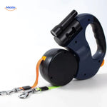 Blue retractable dual dog leash with secure attachment system.