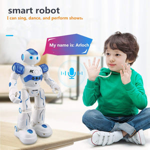 Blue robot toy demonstrating gesture-responsive interactive features.