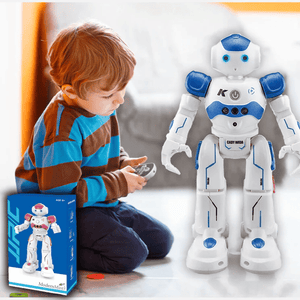 Blue robot showcasing motion detection and gesture response functions.