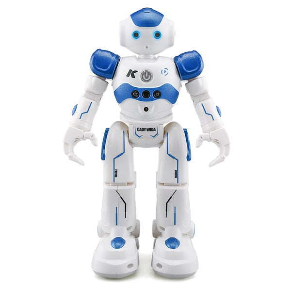 Blue voice-activated robot toy engaging children through interactive play.