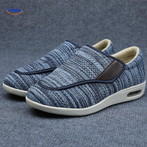 Blue comfort shoes with contrasting brown accent details.