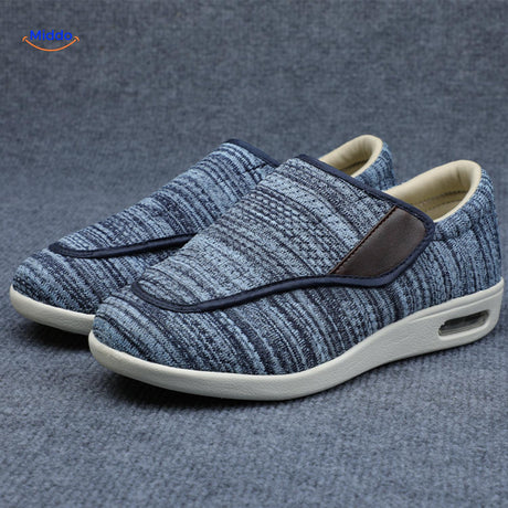 Blue comfort shoes with contrasting brown accent details.