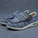 Blue comfort shoes with contrasting brown accent details.