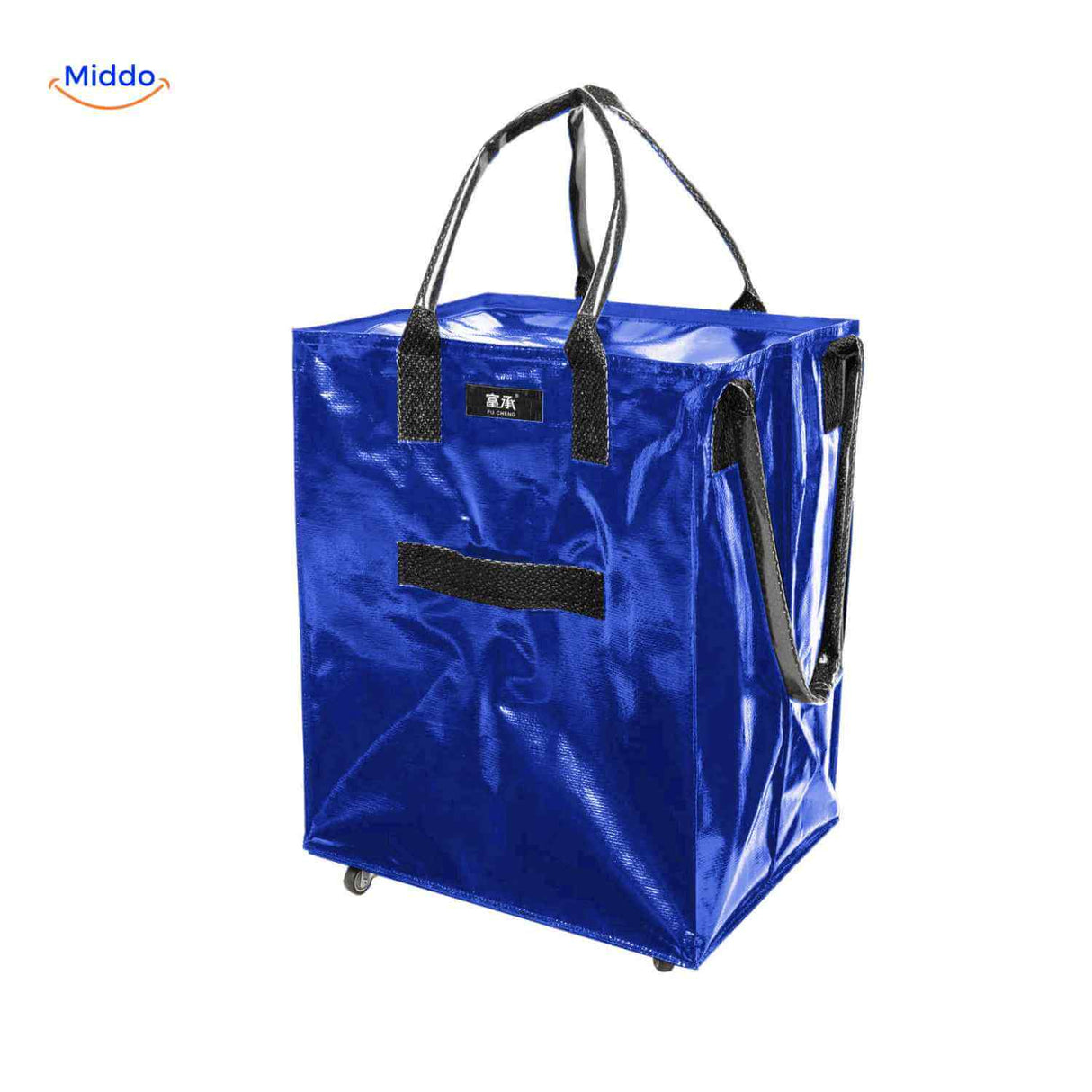 Blue folding shopping trolley with wheels perfect for groceries and laundry