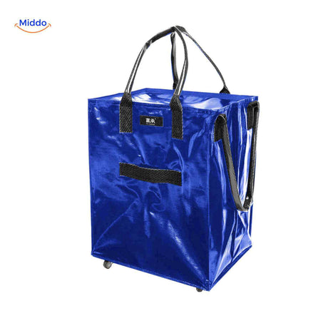 Blue folding shopping trolley with wheels perfect for groceries and laundry
