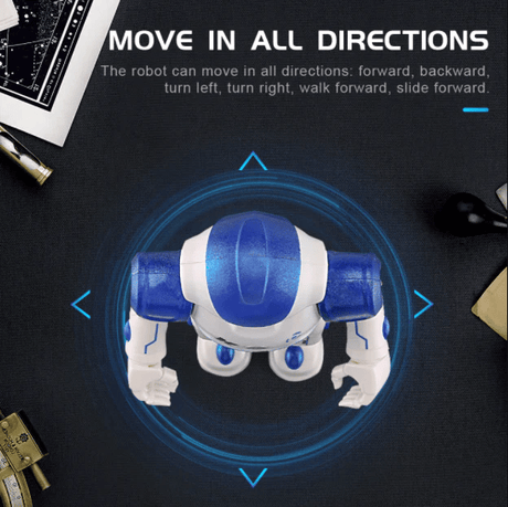 Blue smart robot with educational gesture and voice capabilities.
