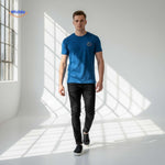 Blue cotton t-shirt with smiley design paired with jeans casual outfit.