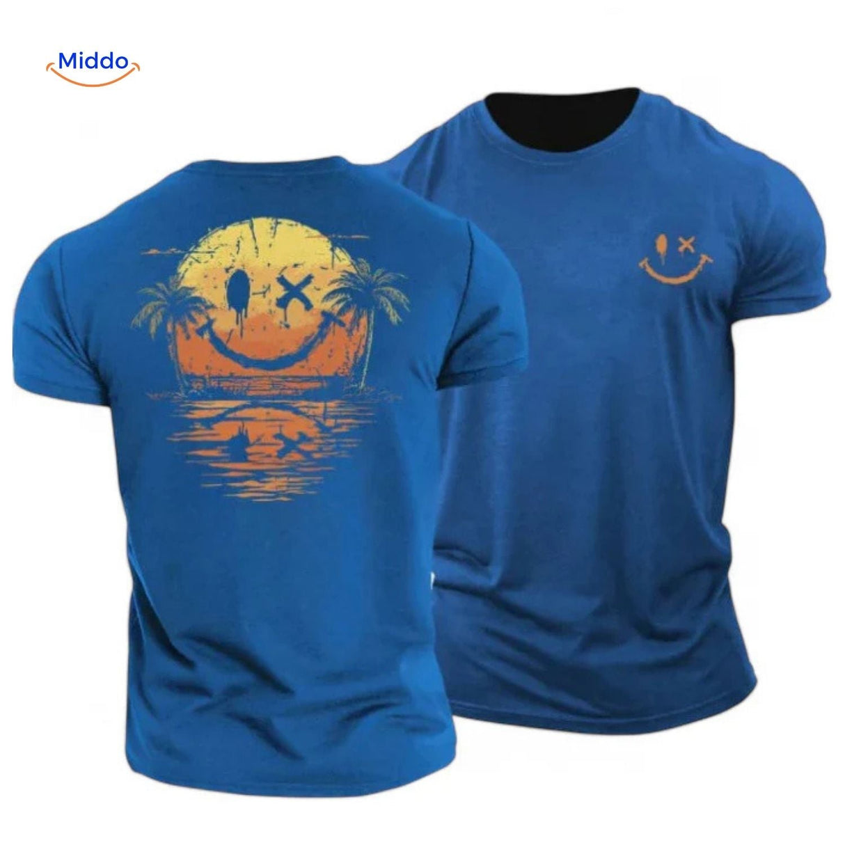 Blue cotton t-shirt with sunset smiley print graphic.