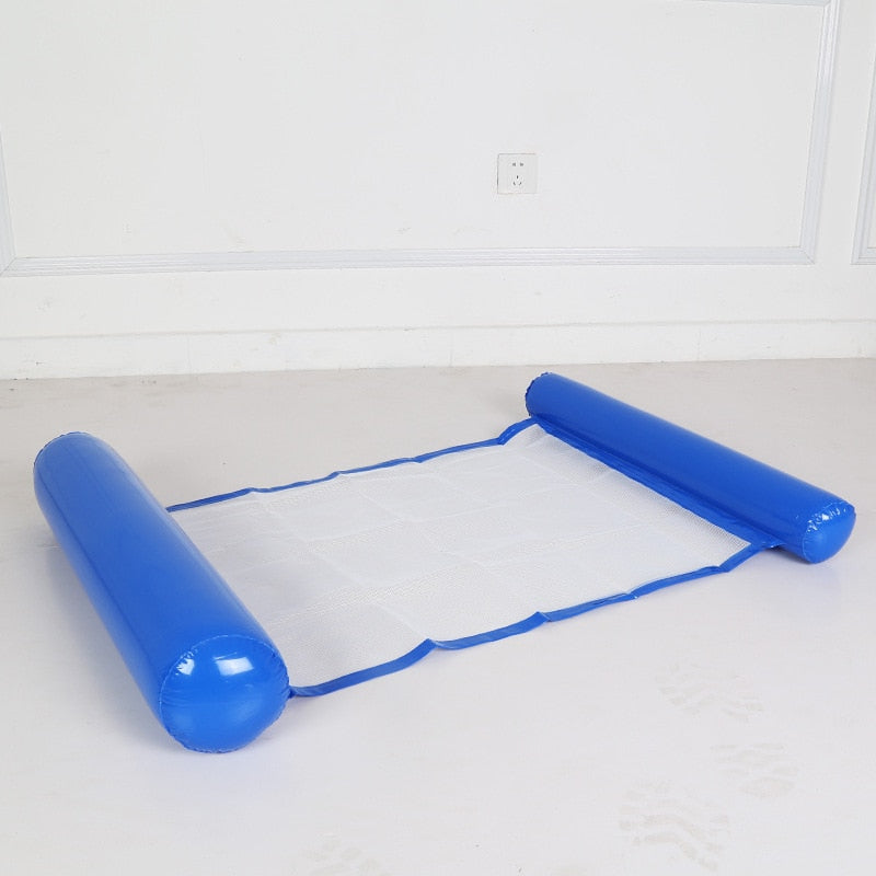 Blue inflatable water hammock lounge in swimming pool.