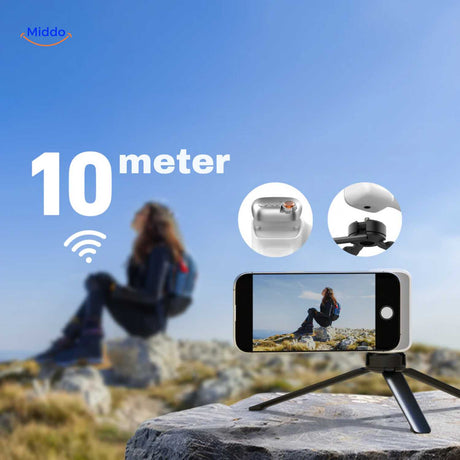 Wireless Bluetooth remote control with 10-meter operating range.
