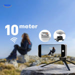 Wireless Bluetooth remote control with 10-meter operating range.