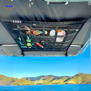 Boat roof storage net designed for fishing gear and supplies organization.