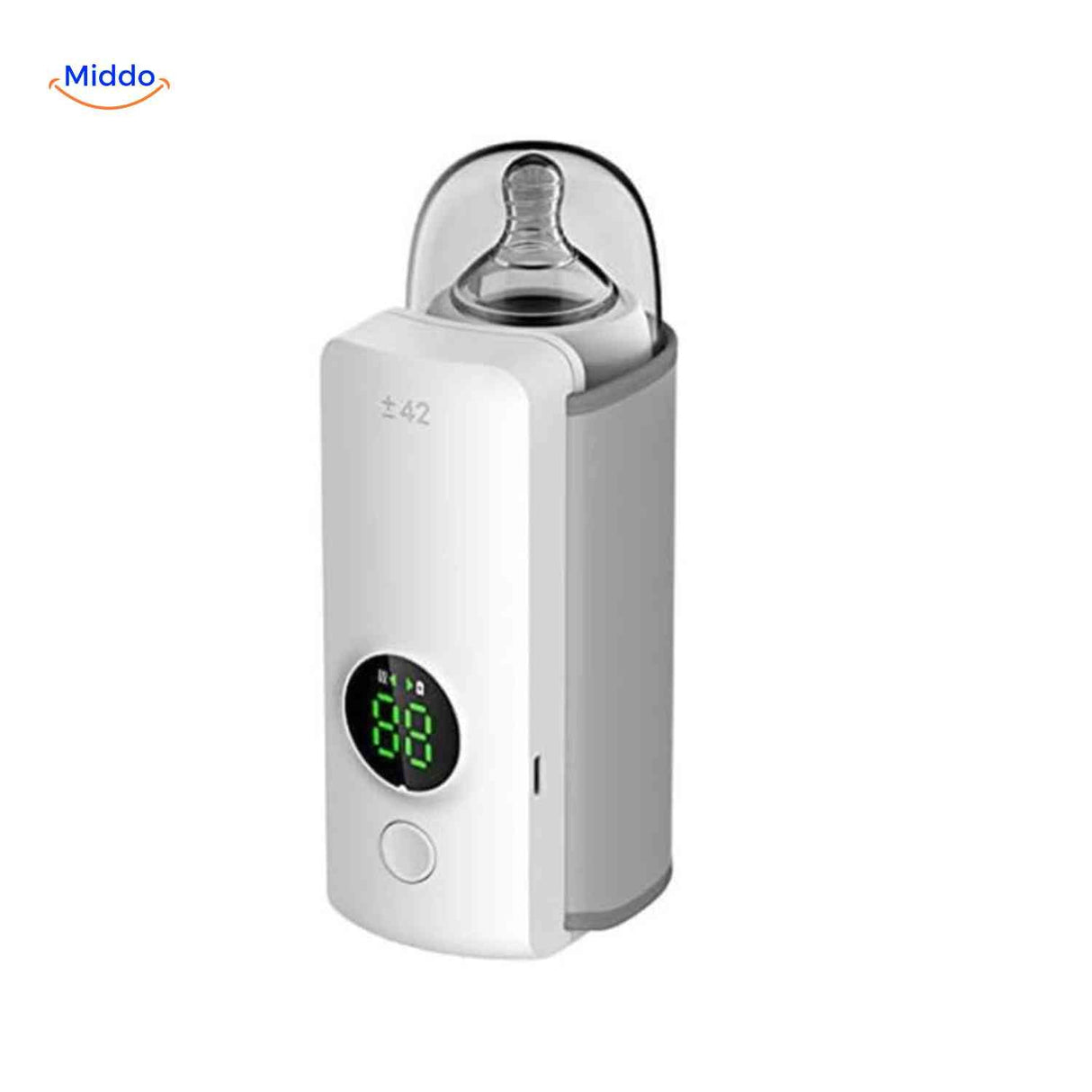 Front view of the cordless bottle warmer with a capped baby bottle sitting inside