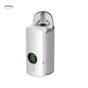 Front view of the cordless bottle warmer with a capped baby bottle sitting inside
