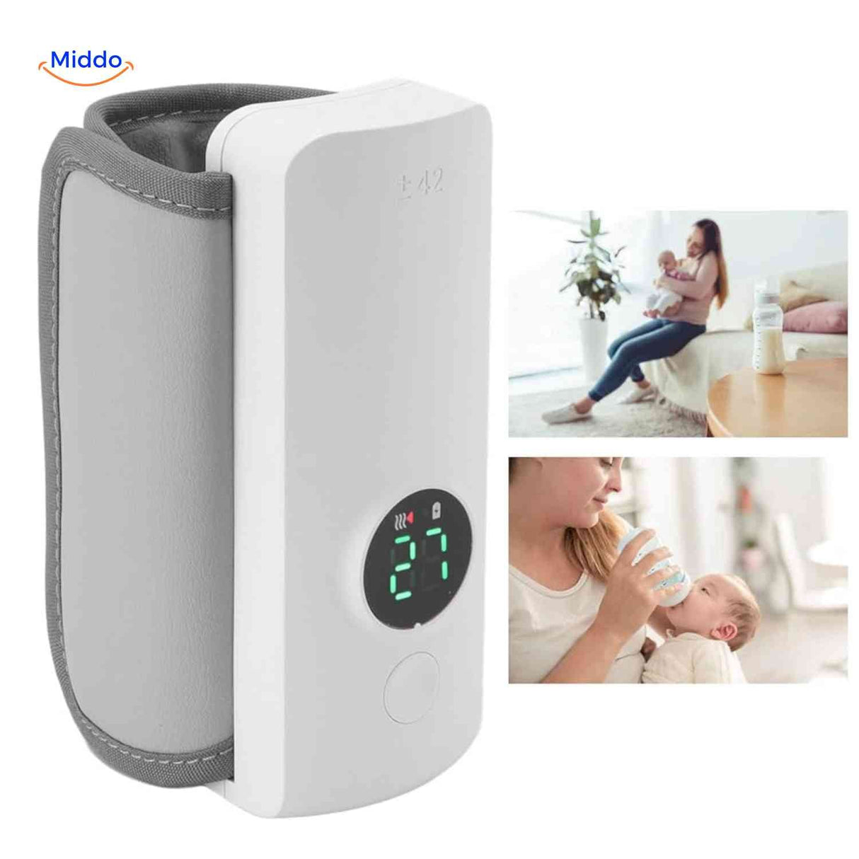 Cordless bottle warmer with LED display glowing during a baby feeding moment