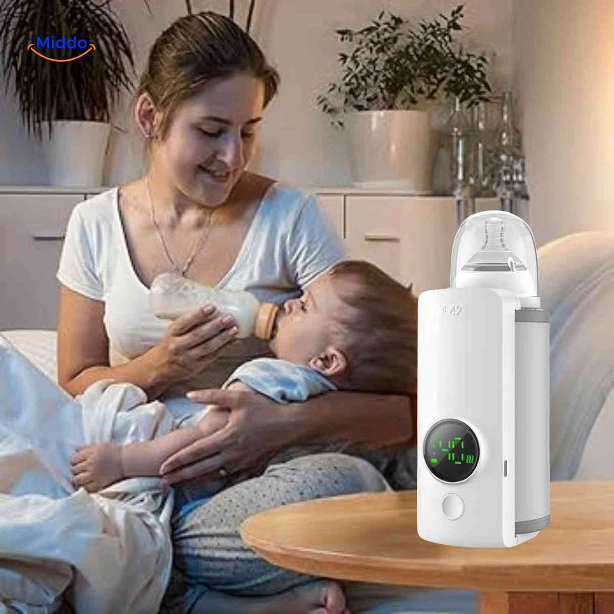 Mother and baby sharing a calm feeding moment using the cordless USB bottle warmer