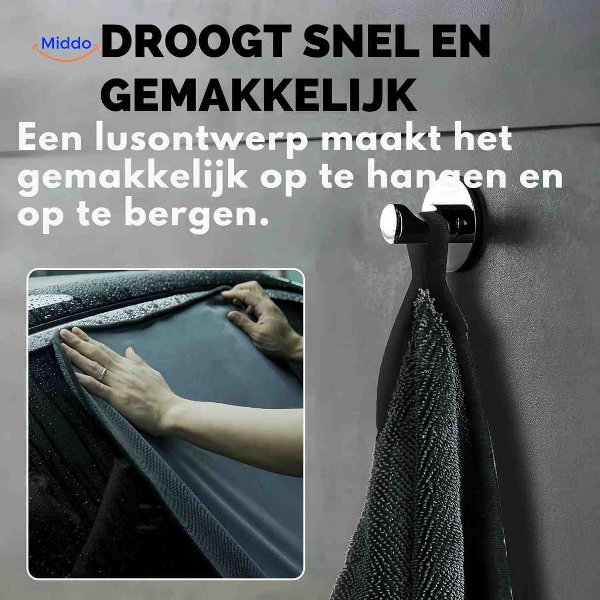 BraidDry car drying towel with convenient hanging loop for easy storage.