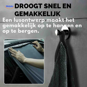 BraidDry car drying towel with convenient hanging loop for easy storage.