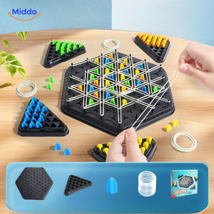 Child playing BrainFlex chess with green game pieces on the strategy board.