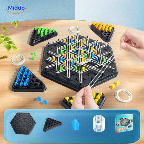 Child playing BrainFlex chess with green game pieces on the strategy board.