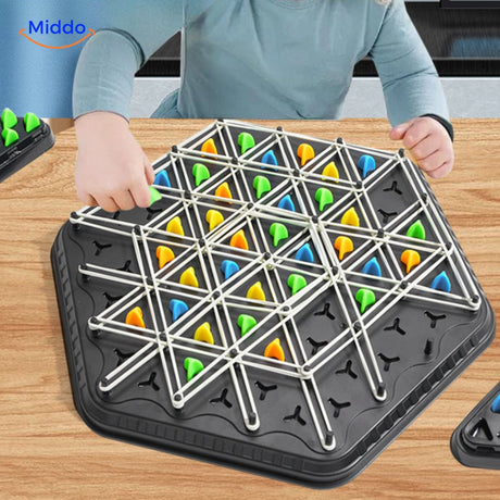 BrainFlex chess thinking game featuring triangular pieces and elastic accessories for play.