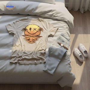 Beige smiley print t-shirt laid flat displaying soft cotton material.