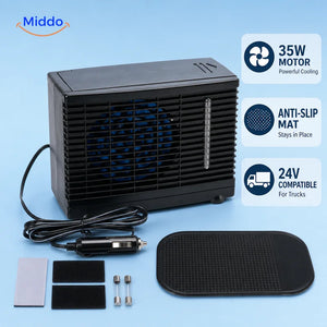 Black BreezeMate car fan with features highlighted