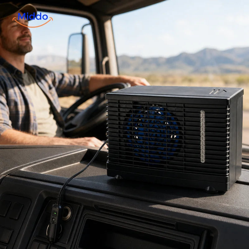 Black BreezeMate car fan in truck cab, cool breeze