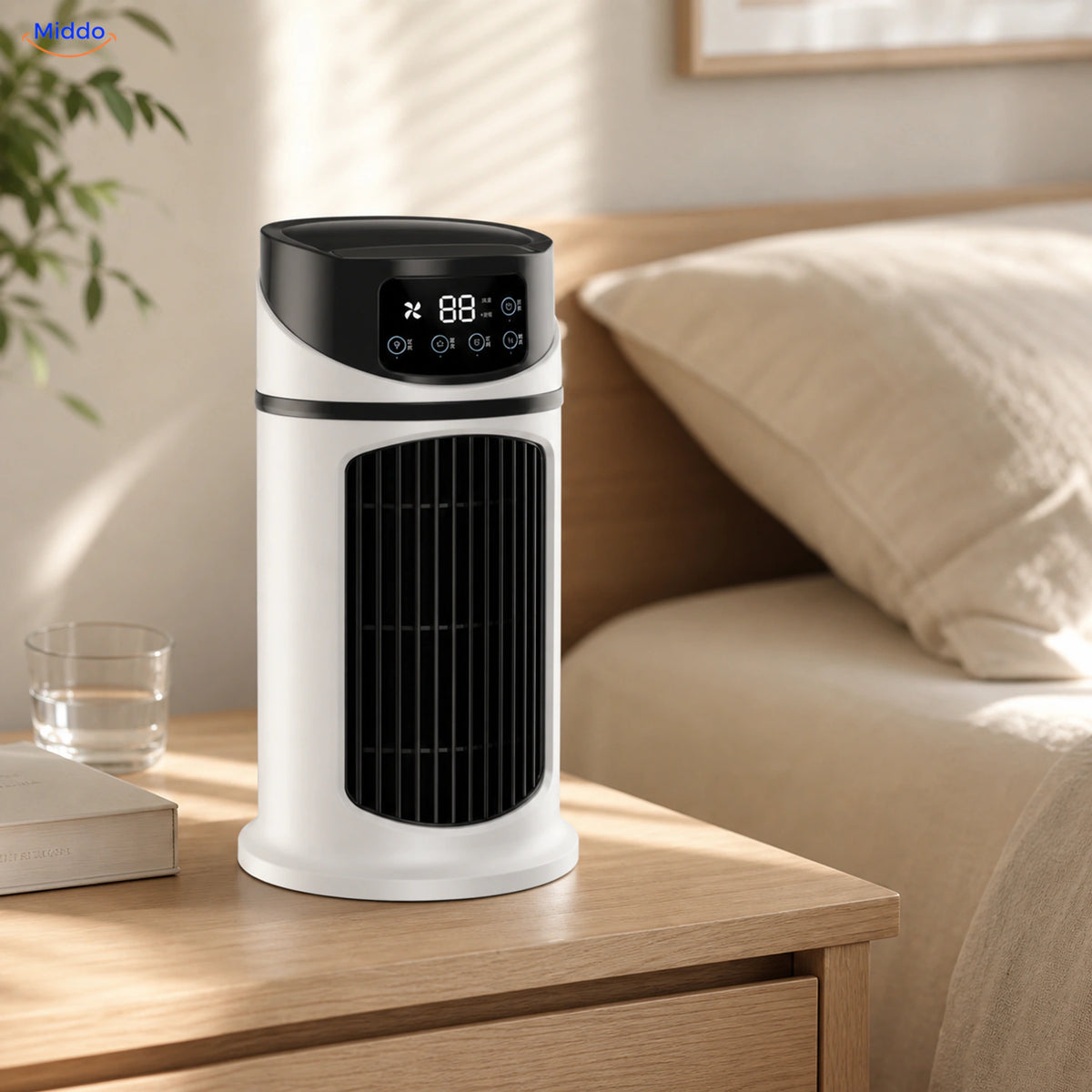 BreezeMist™ compact spray fan on a bedside table