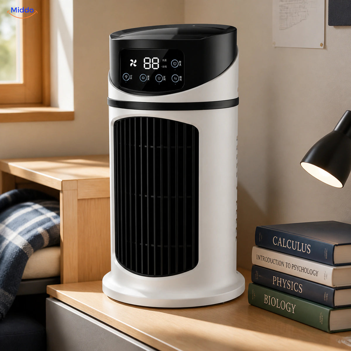 BreezeMist™ personal air cooler in a compact dorm study space