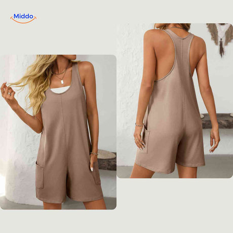 Brown casual romper with round neckline and wide racerback straps.