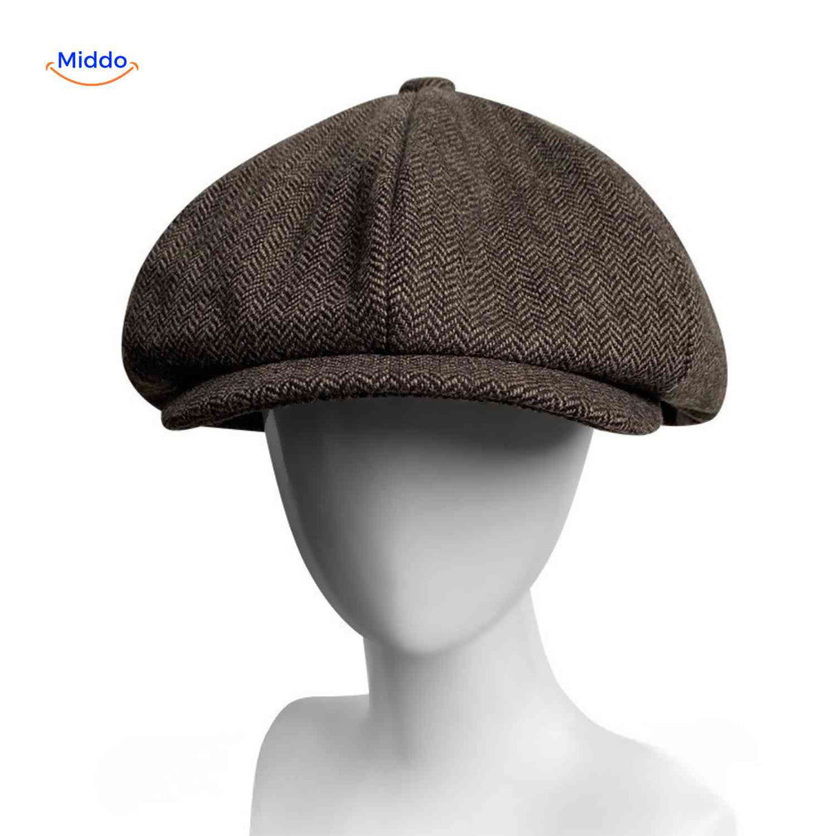 Brown chevron plaid wool newsboy cap with vintage bakerboy style.