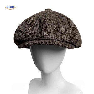 Brown chevron plaid wool newsboy cap with vintage bakerboy style.