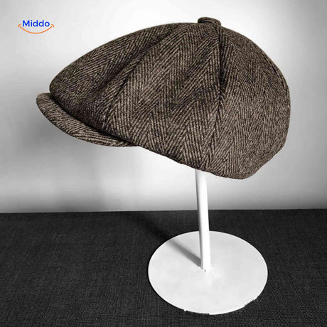 Brown herringbone wool flat cap with heritage vintage design.