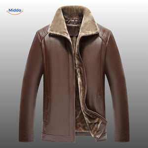 Brown leather jacket with elegant fur collar and timeless design.