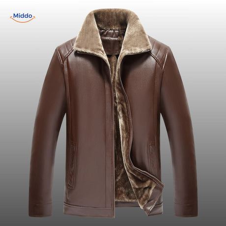 Brown leather jacket with elegant fur collar and timeless design.