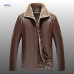 Brown leather jacket with elegant fur collar and timeless design.